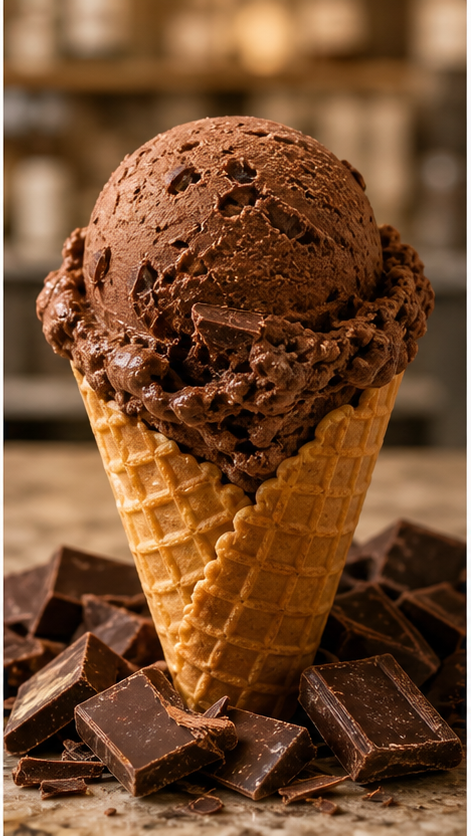Deep chocolate ice cream in a waffle cone