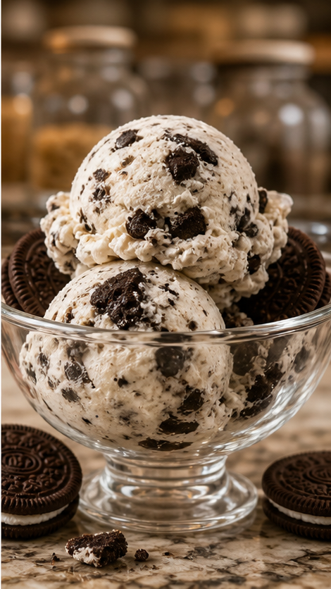 Cookies and cream ice cream in a glass dish
