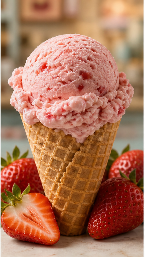 Strawberry ice cream in a waffle cone