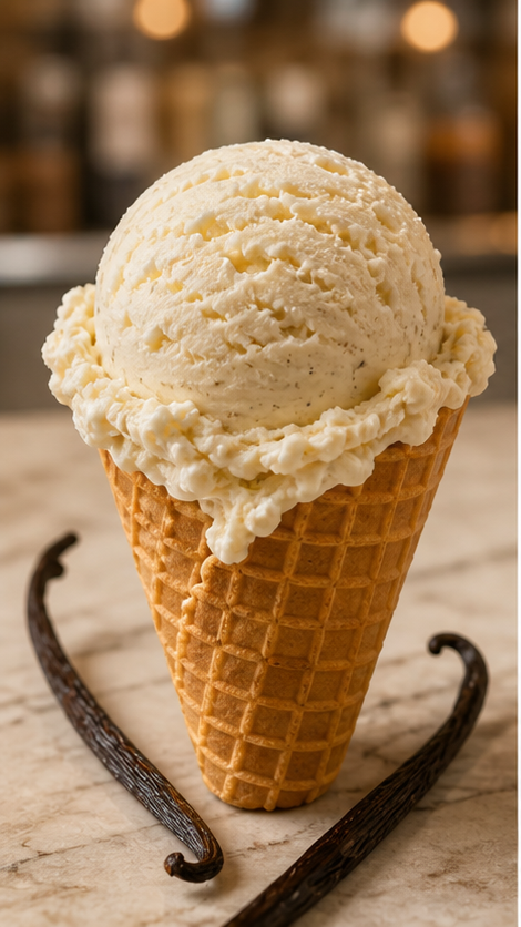 Vanilla bean ice cream in a waffle cone