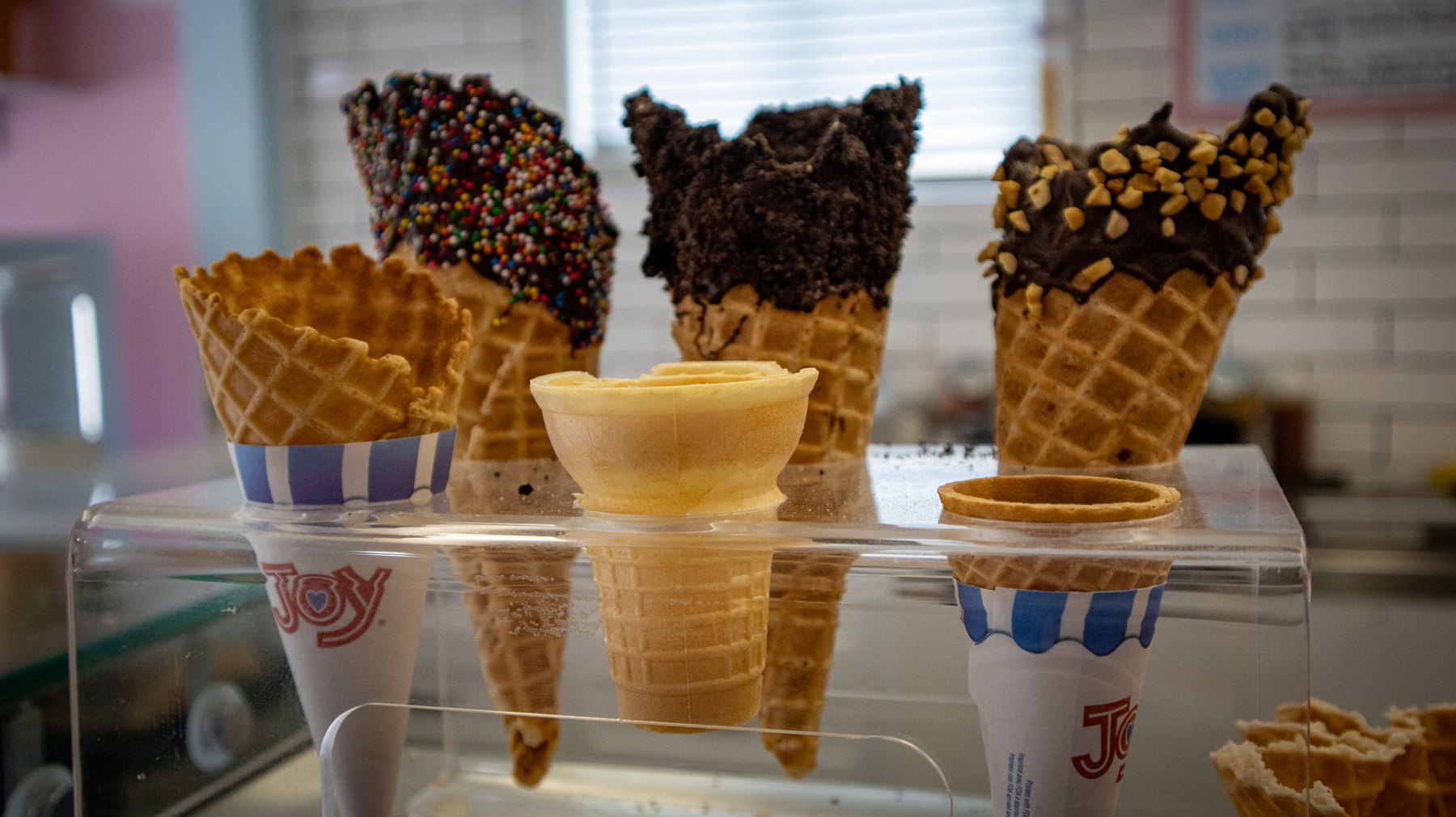 Chocolate-dipped waffle cones at Main St. Ice Cream