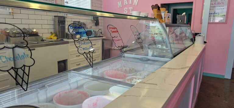 Homemade ice cream flavors in the display case at Main St. Ice Cream