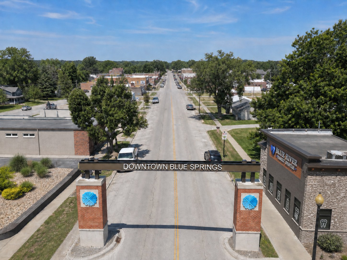 Downtown Blue Springs gateway over Main Street in Blue Springs Missouri