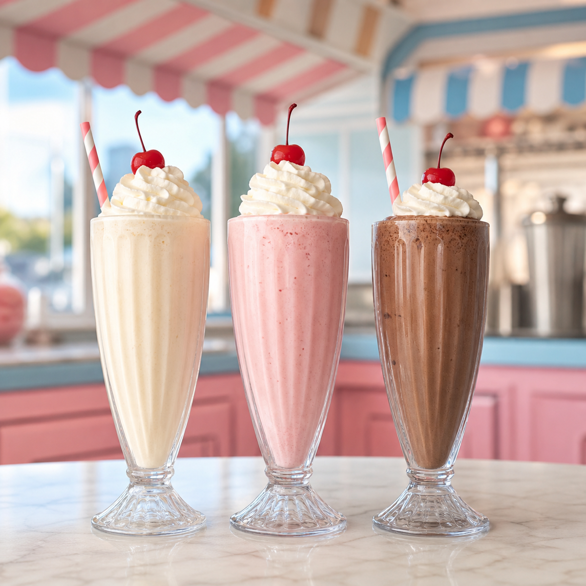 Vanilla strawberry and chocolate milkshakes